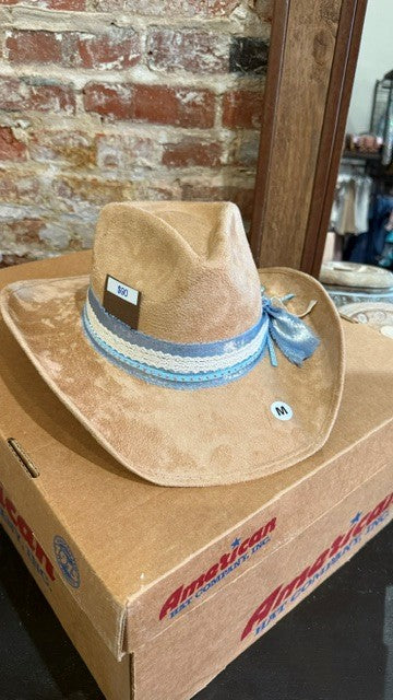 Tan Vegan Suede Rancher Cowboy Hat blue customization