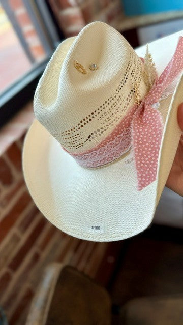 Straw Cowboy Hat customization pink lace
