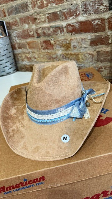 Tan Vegan Suede Rancher Cowboy Hat blue customization